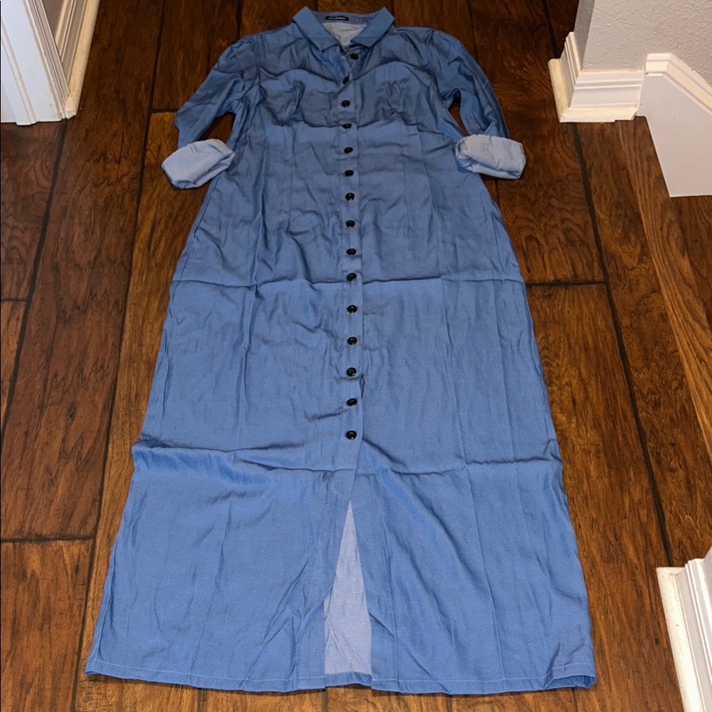 NWOT Blue Button-Front Maxi Shirt Dress - Women - Picture 2 of 5